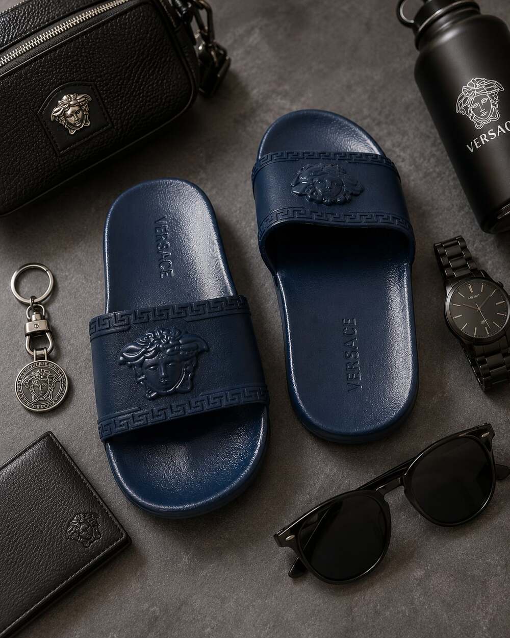 Versace Navy Blue Palazzo Medusa Rubber Pool Slides boys or girls size 18